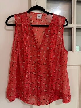 CAbi Coral Pink Floral Sleeveless Pintuck Button Blouse